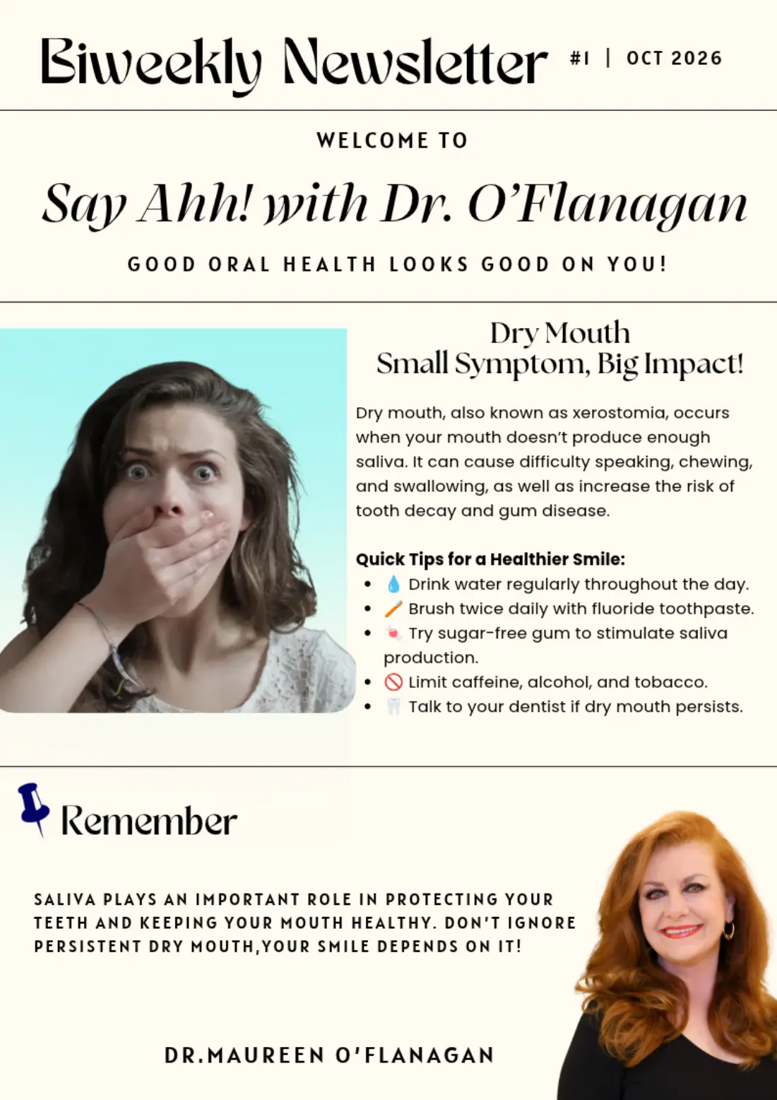 October 2026 Say Ahh! oral health newsletter from Dr. Maureen O'Flanagan about dry mouth.


